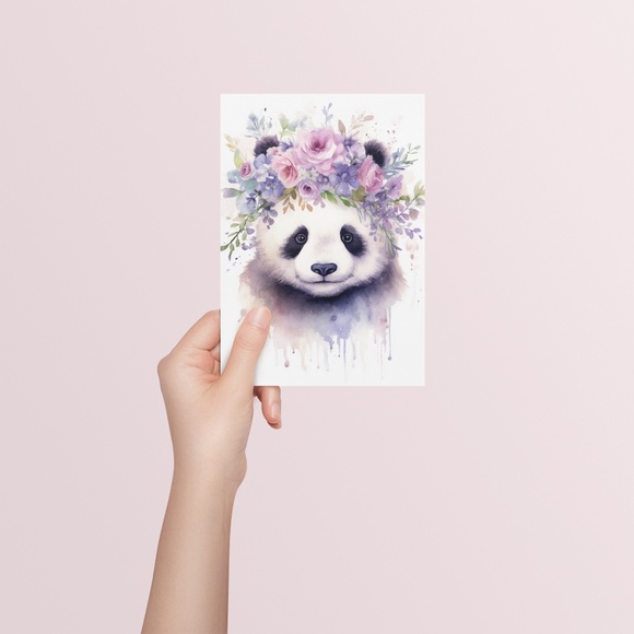 Watercolor Panda Bear With Flowers Portrait Wall Art Illustration Print Unframed - Picture 5 of 6